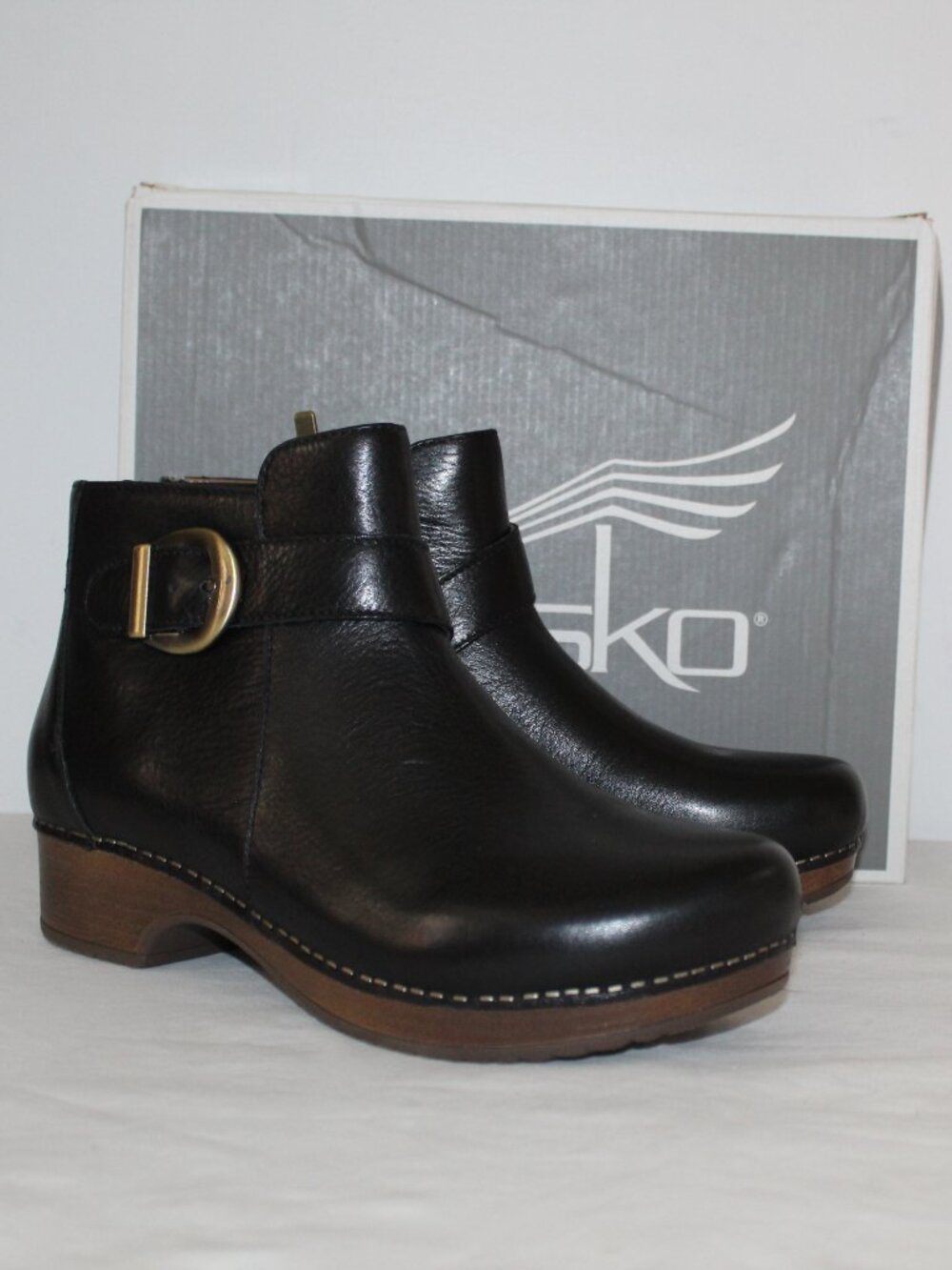 NWB Dansko Brennan Black Leather Ankle Clog Booties Boots Side Zip 40